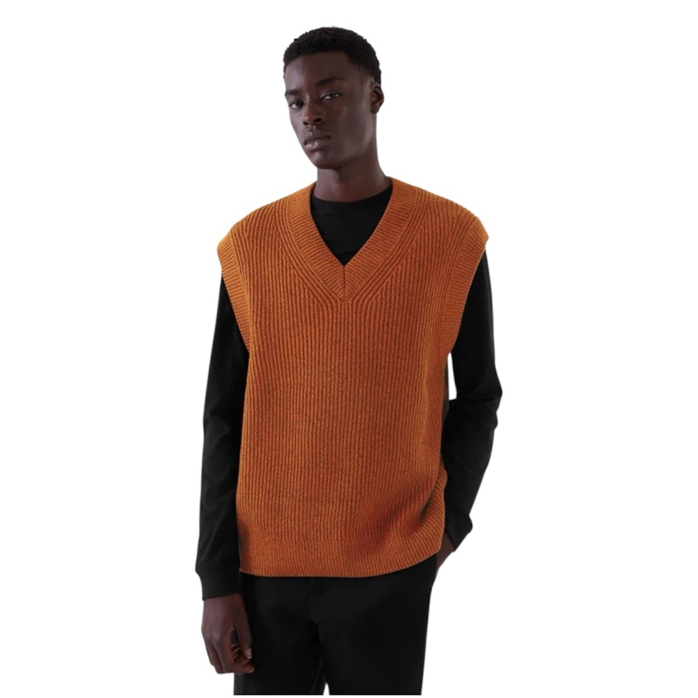 COS V-Neck Knitted Vest‎ Orange Black Melange Organic Cotton Wool Men’s Medium